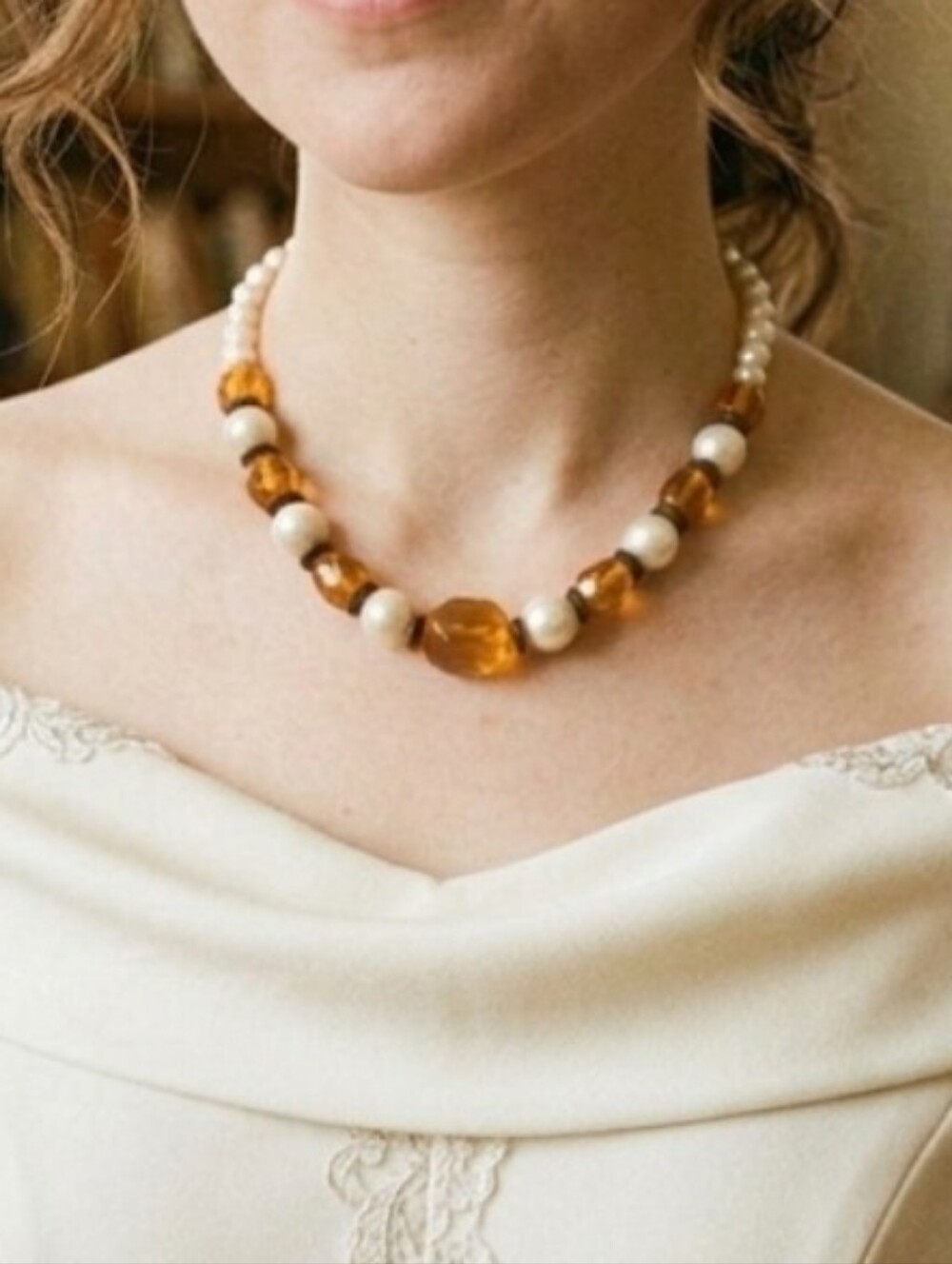 Vintage Regalia Pearl & Amber Lucite Statement Necklace